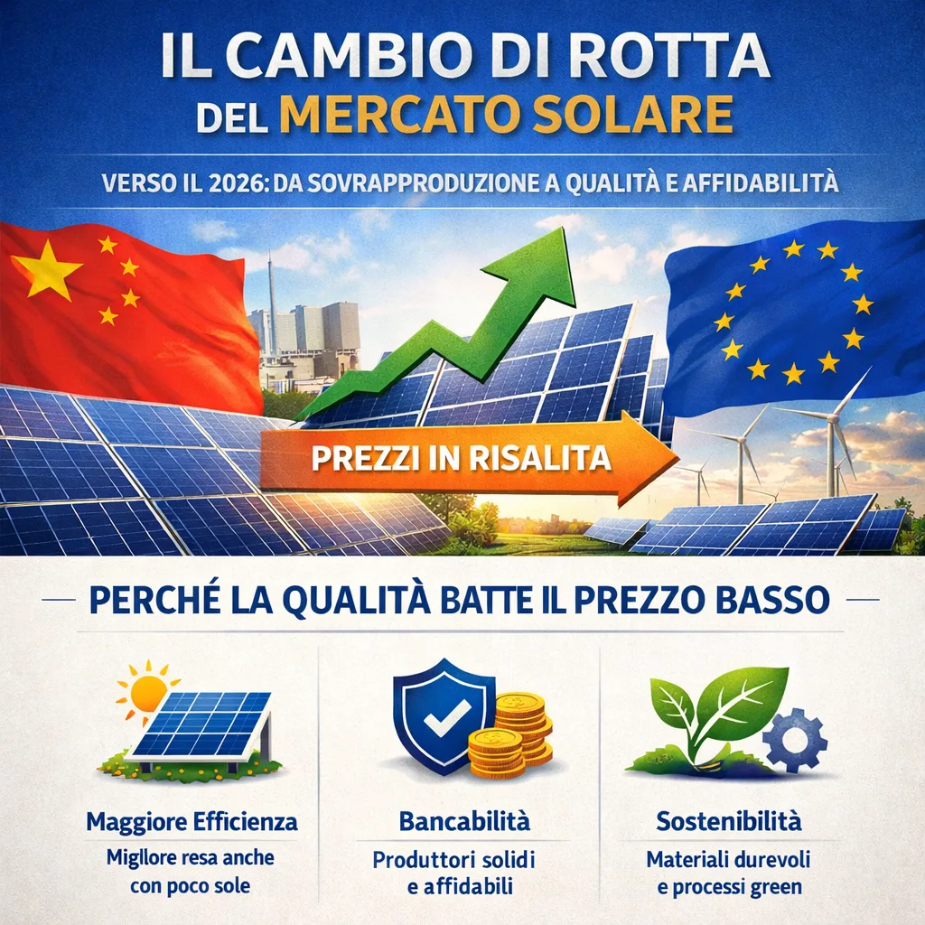 Infografica sul cambio di rotta del mercato solare 2026: risalita dei prezzi e focus sulla qualità dei moduli rispetto alla sovrapproduzione cinese.