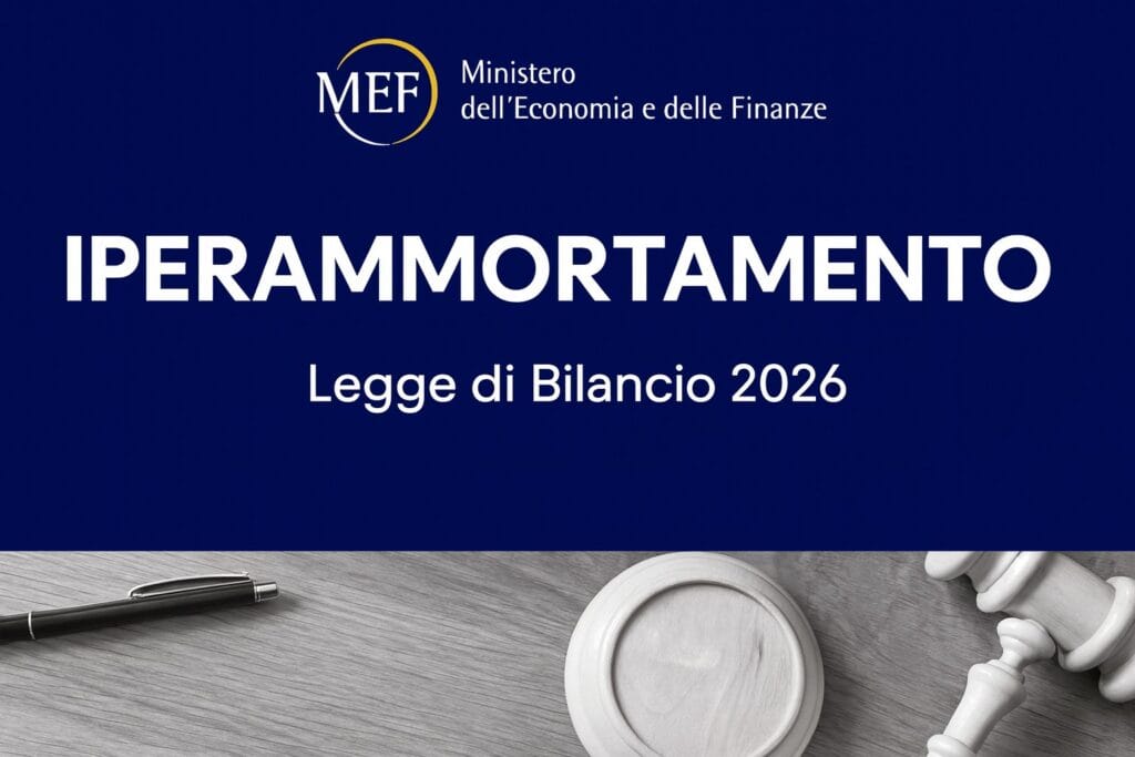 Logo Ministero Economia e Finanze e scritta Iperammortamento Legge di Bilancio 2026 per investimenti fotovoltaici.