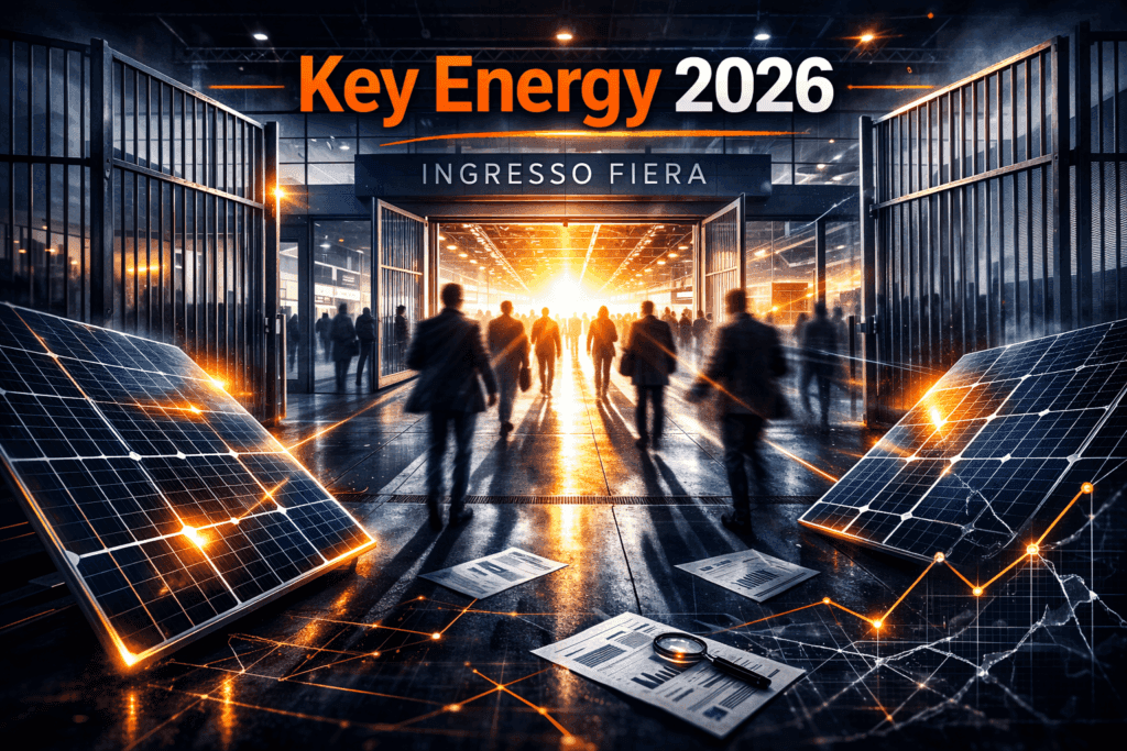 Ingresso fiera Key Energy 2026 a Rimini con focus su normative fotovoltaico e aree idonee.