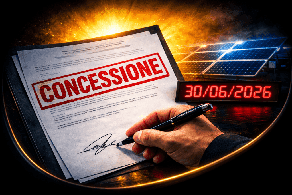 Mano che firma il decreto di concessione con timbro rosso e countdown 30/06/2026, sullo sfondo pannelli fotovoltaici