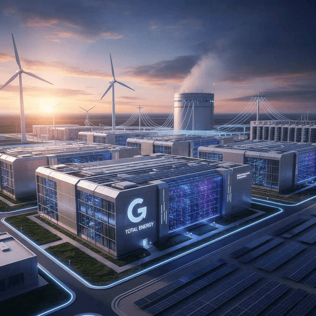 Rappresentazione di un data center Google alimentato da energia solare ed eolica secondo la strategia Total Energy.