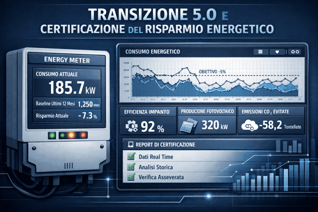 Dashboard tecnica per certificazione Transizione 5.0 con calcolo baseline energetica e risparmio del 5 per cento per credito d'imposta.