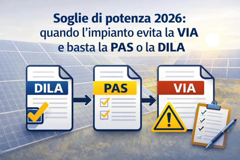 Infografica sulle soglie di potenza fotovoltaico 2026: differenze tra procedure VIA, PAS e DILA.