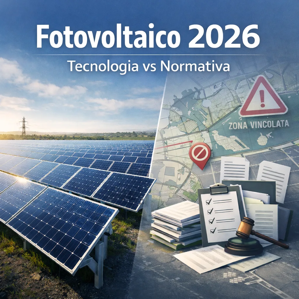 Rappresentazione grafica del contrasto tra installazione fotovoltaica e vincoli normativi 2026 con mappe e documenti legali.