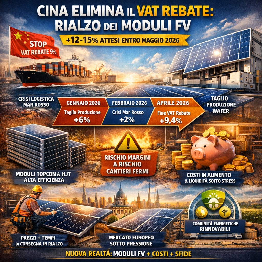 Cina elimina il VAT Rebate: parte il rialzo dei moduli FV (+12–15% attesi in Italia)