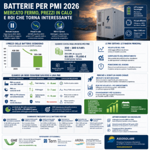 Infografica completa sui sistemi di accumulo BESS per PMI nel 2026. Include il grafico del calo dei prezzi delle batterie, l'analisi dei costi al chilowattora, la tabella di convenienza economica per le aziende e la sezione FAQ.