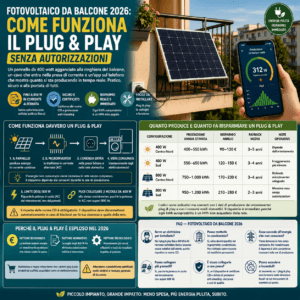 Infografica sul fotovoltaico da balcone 2026 plug & play senza autorizzazioni. Mostra lo schema tecnico di funzionamento, la tabella dei risparmi stimati per impianti da 400W e 800W, e la sezione con le risposte alle domande frequenti. 