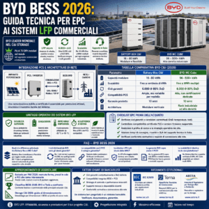 Infografica tecnica sui sistemi di accumulo BYD BESS 2026 per il segmento commerciale e industriale con schema di integrazione PCS e confronto tra piattaforme Battery-Box e MC Cube.