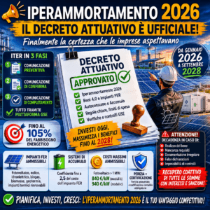 Infografica operativa sull'Iperammortamento 2026 con lo schema delle aliquote di maggiorazione fino a 20 milioni di euro, la procedura di accesso in tre fasi sul portale GSE, i vincoli di dimensionamento FER al 105% e la tabella dei costi massimi ammissibili.