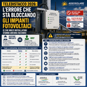 Infografica sul teledistacco fotovoltaico 2026 con schema delle responsabilità tra gestore impianto e BRP secondo la delibera ARERA 23/2026.