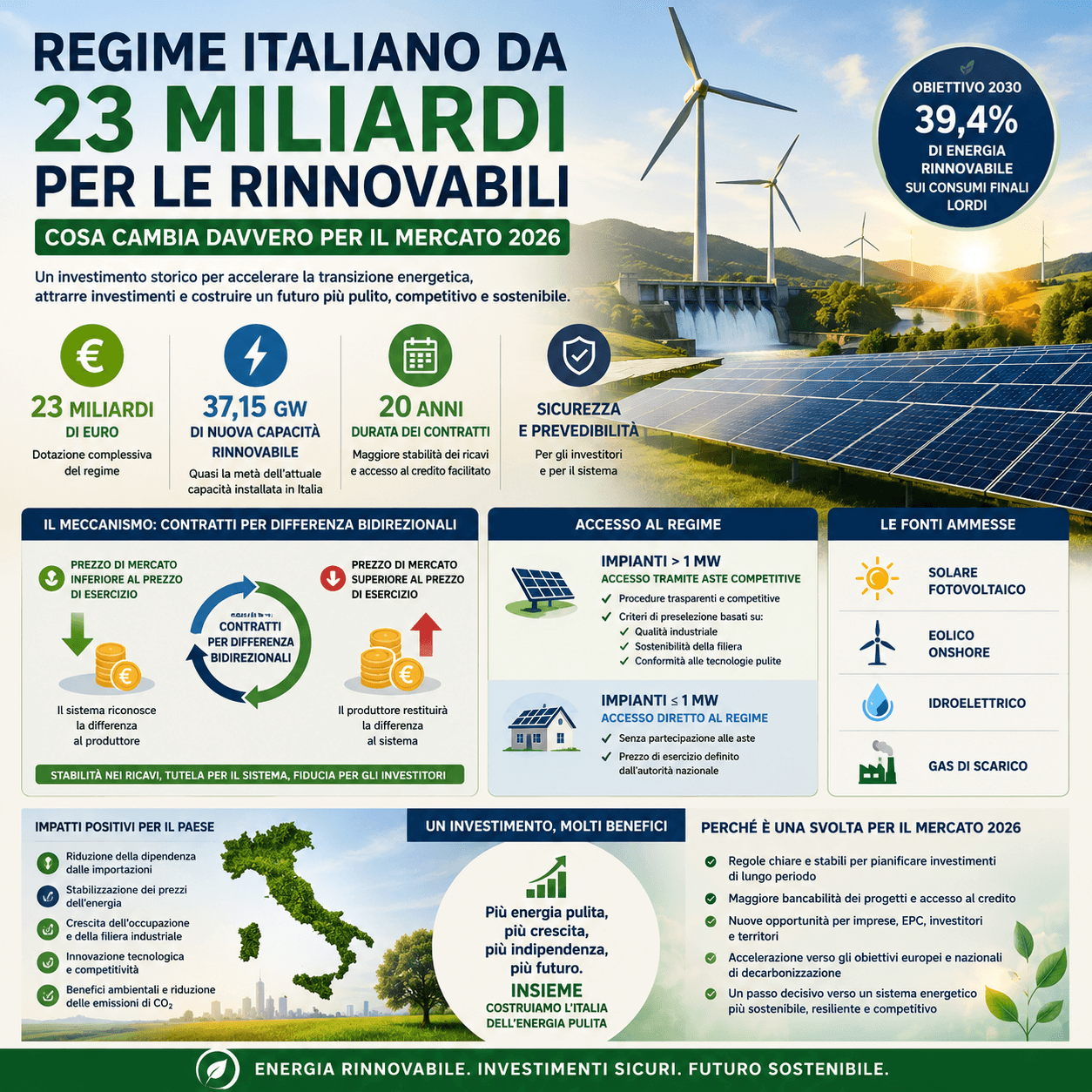 Regime italiano da 23 miliardi per le rinnovabili: cosa cambia davvero per il mercato 2026
