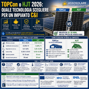 Infografica comparativa tra moduli fotovoltaici TOPCon e HJT per impianti commerciali e industriali 2026 con dati tecnici di efficienza, coefficiente di temperatura e costi.